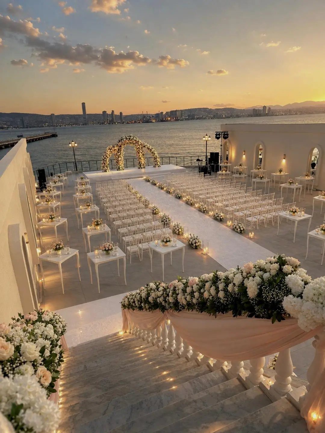 Outdoor wedding ceremony setup on a white terrace overlooking a city skyline at sunset.