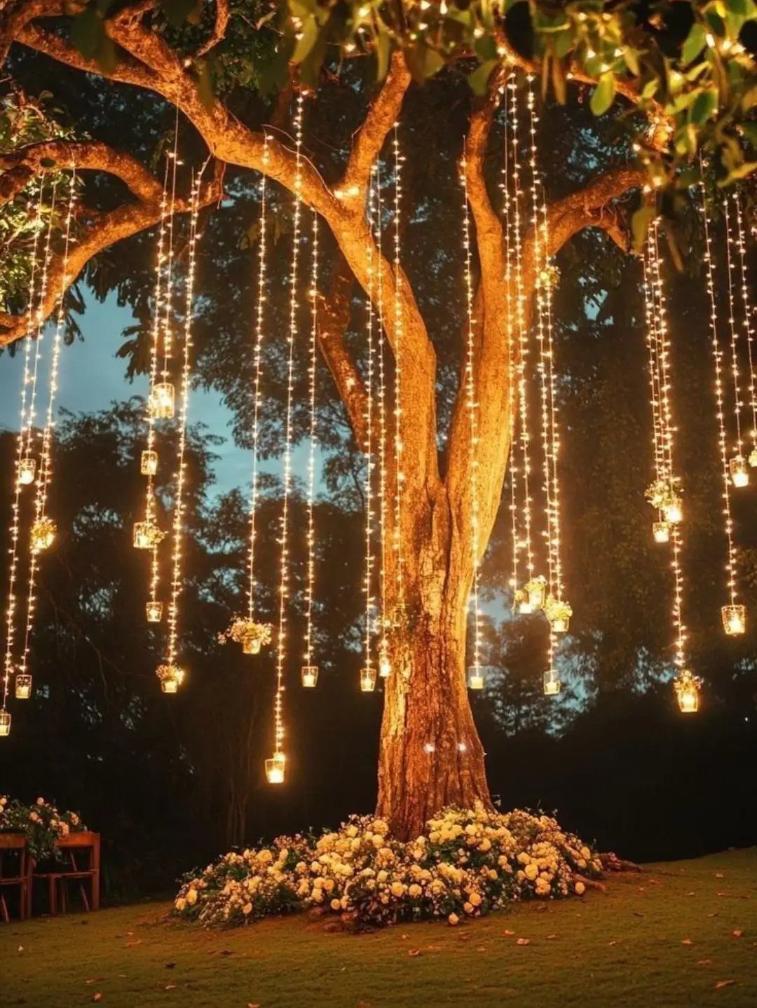 Large tree decorated with hanging fairy lights and candles for a wedding celebration