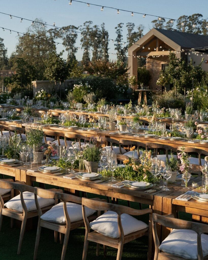 Long wooden wedding tables with floral centerpieces and white cushions in an outdoor setting.