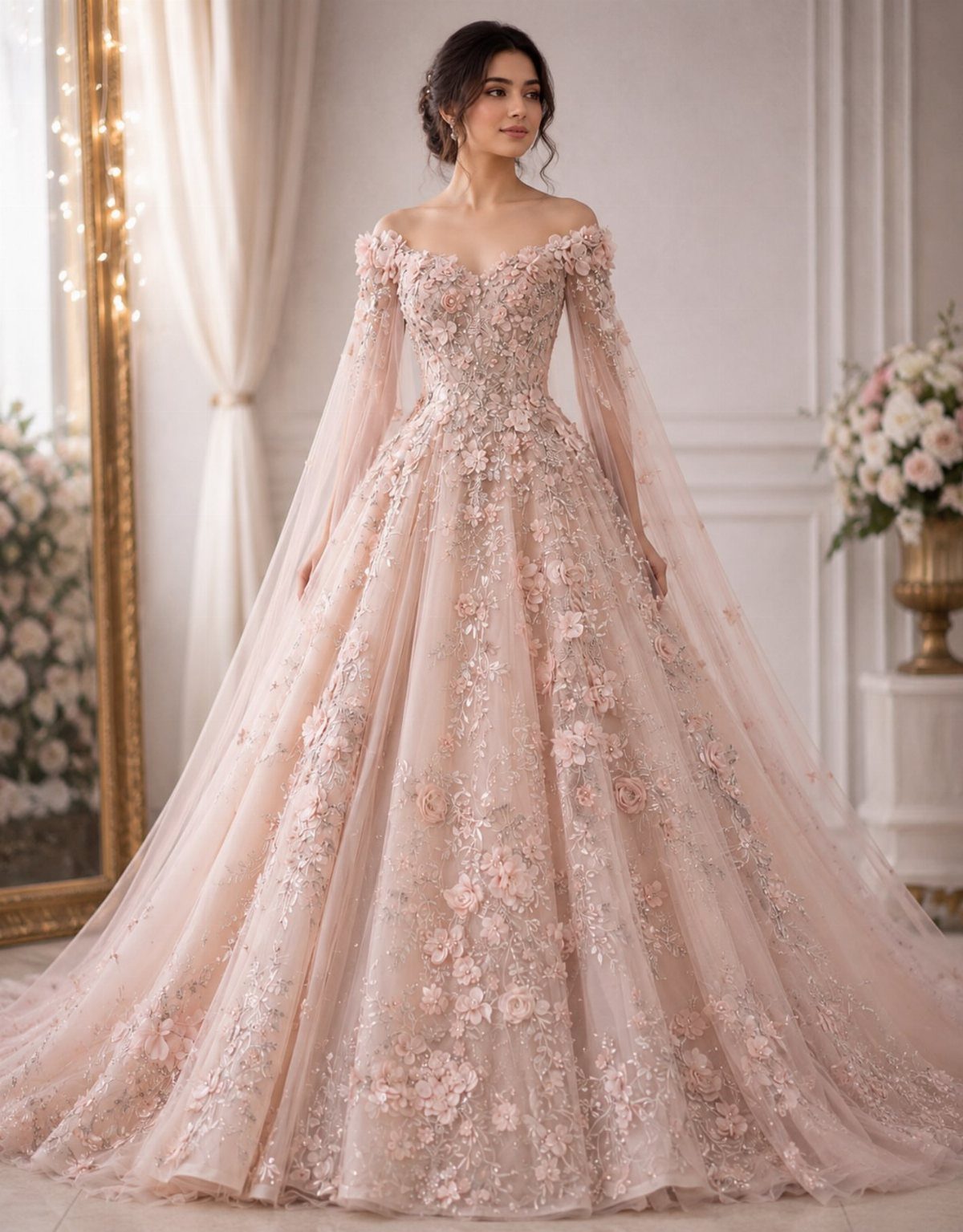 Woman in a voluminous light pink wedding dress with 3D floral lace details.