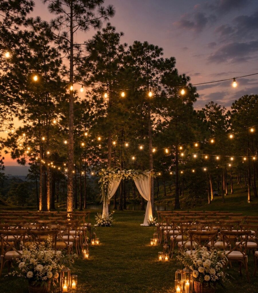 Outdoor wedding ceremony setup with white floral arch and string lights in pine forest