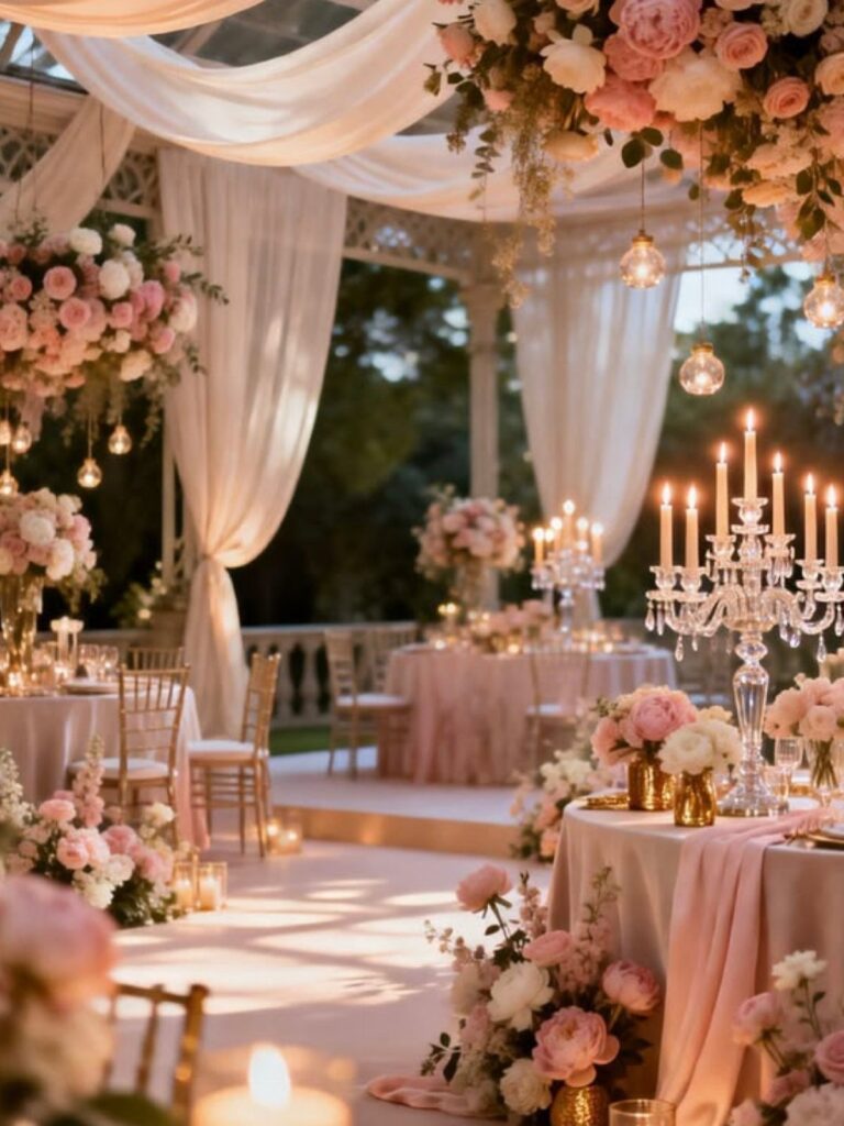 Elegant wedding reception setup with pink flowers, gold chairs, and crystal candelabras under white drapery.