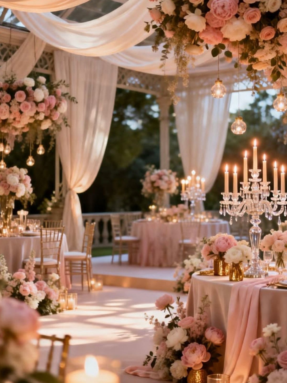 Elegant wedding reception setup with pink flowers, gold chairs, and crystal candelabras under white drapery.