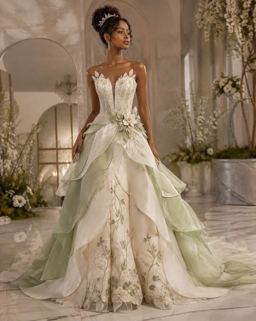 Woman in a voluminous white and pale green princess style wedding dress with tiara