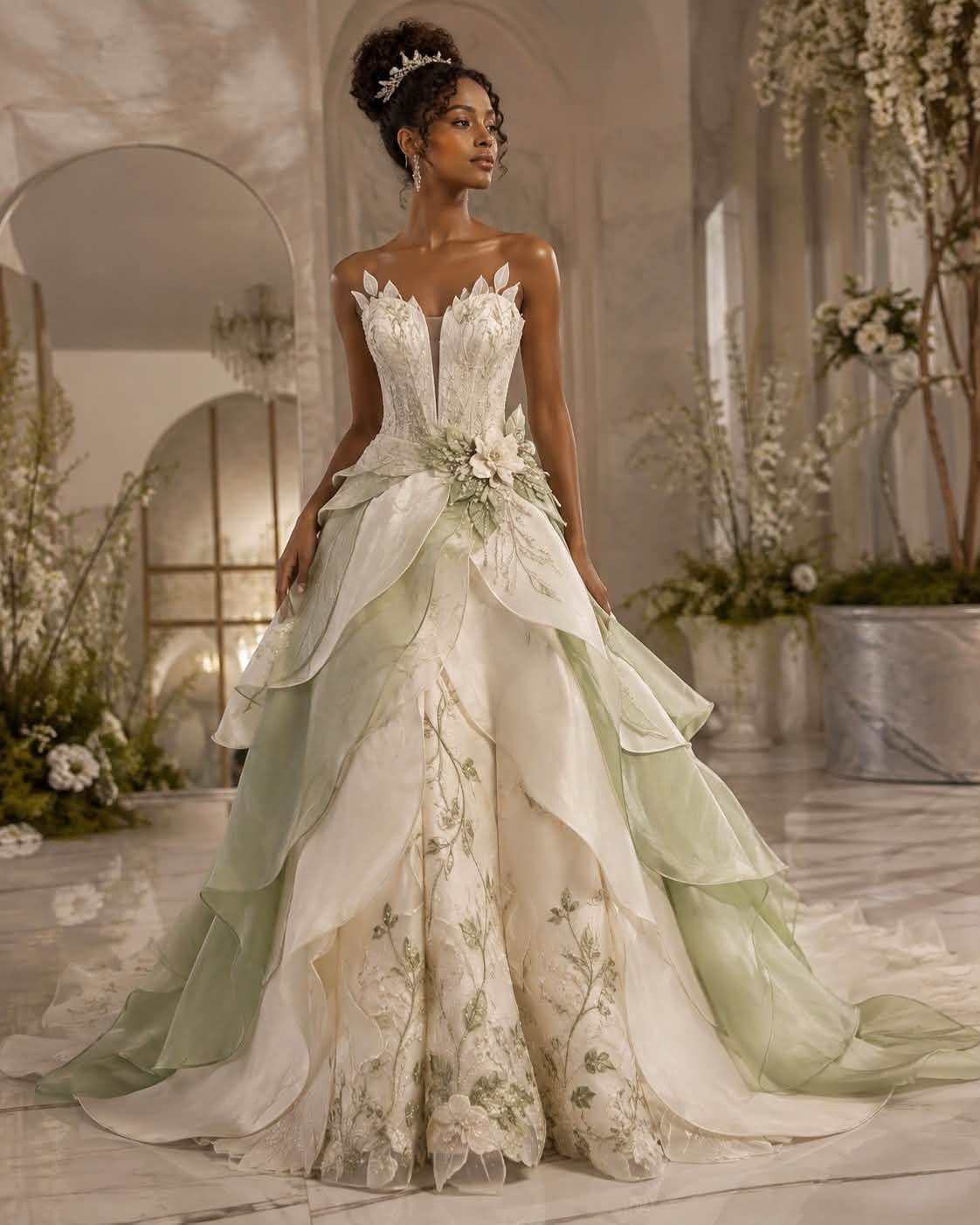 Woman in a voluminous white and pale green princess style wedding dress with tiara