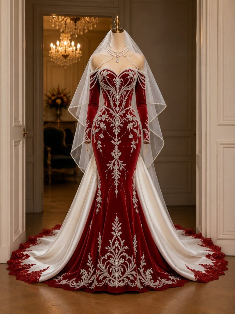 Red velvet wedding dress with silver embroidery and white veil on a mannequin.