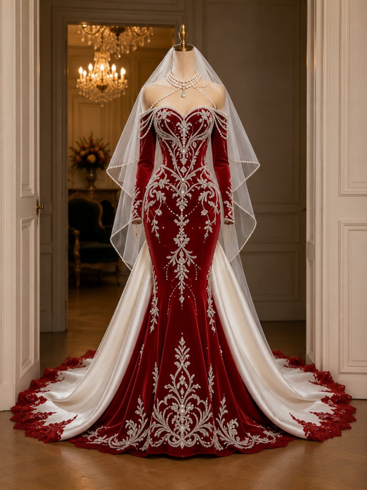 Red velvet wedding dress with silver embroidery and white veil on a mannequin.