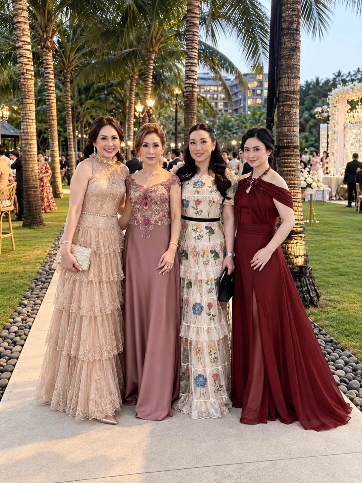 Four women wearing formal floor-length gowns posing outdoors among palm trees at dusk.