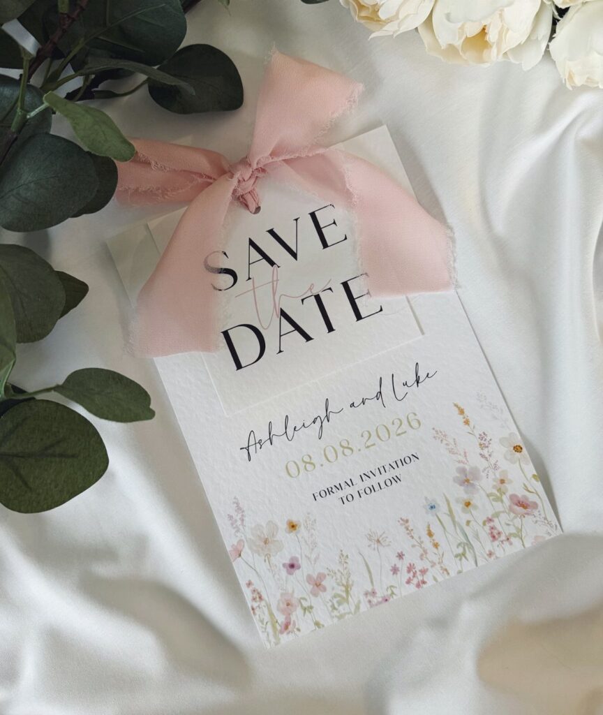 Save the date card with pink ribbon and floral illustrations on white satin fabric