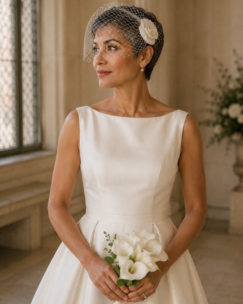 Woman with short hair wearing a white birdcage veil and wedding dress.