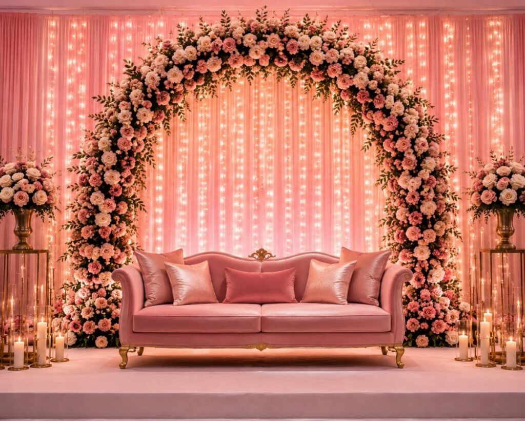 Pink velvet sofa in front of a floral rose arch and fairy light backdrop