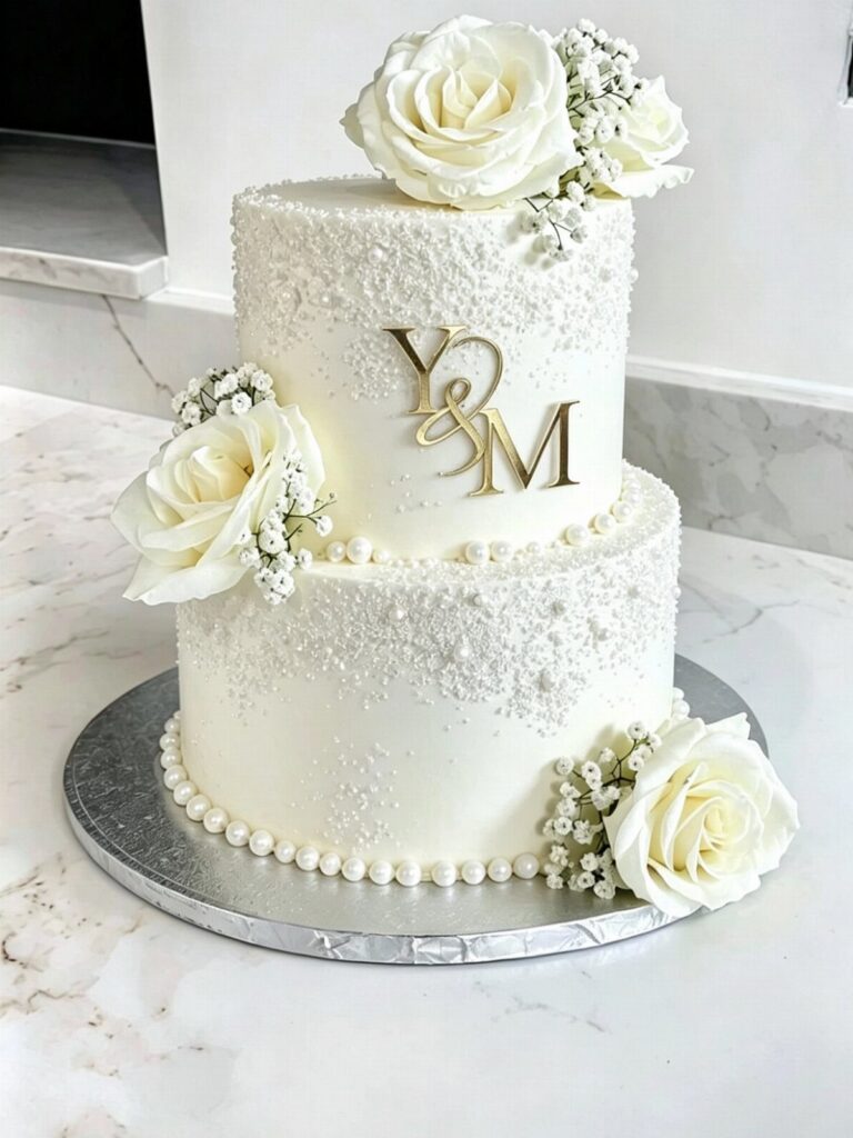 Two-tier white wedding cake with roses, baby's breath, and gold initials on marble.