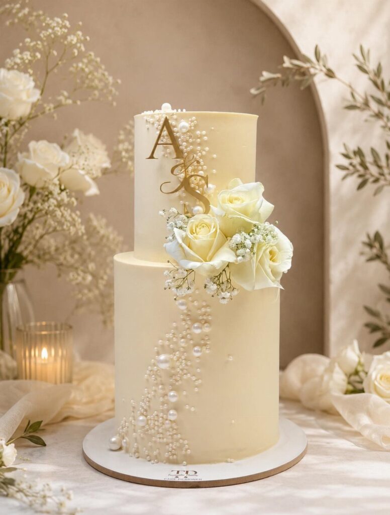 Two-tier white wedding cake with roses, baby's breath, and gold initials on top.
