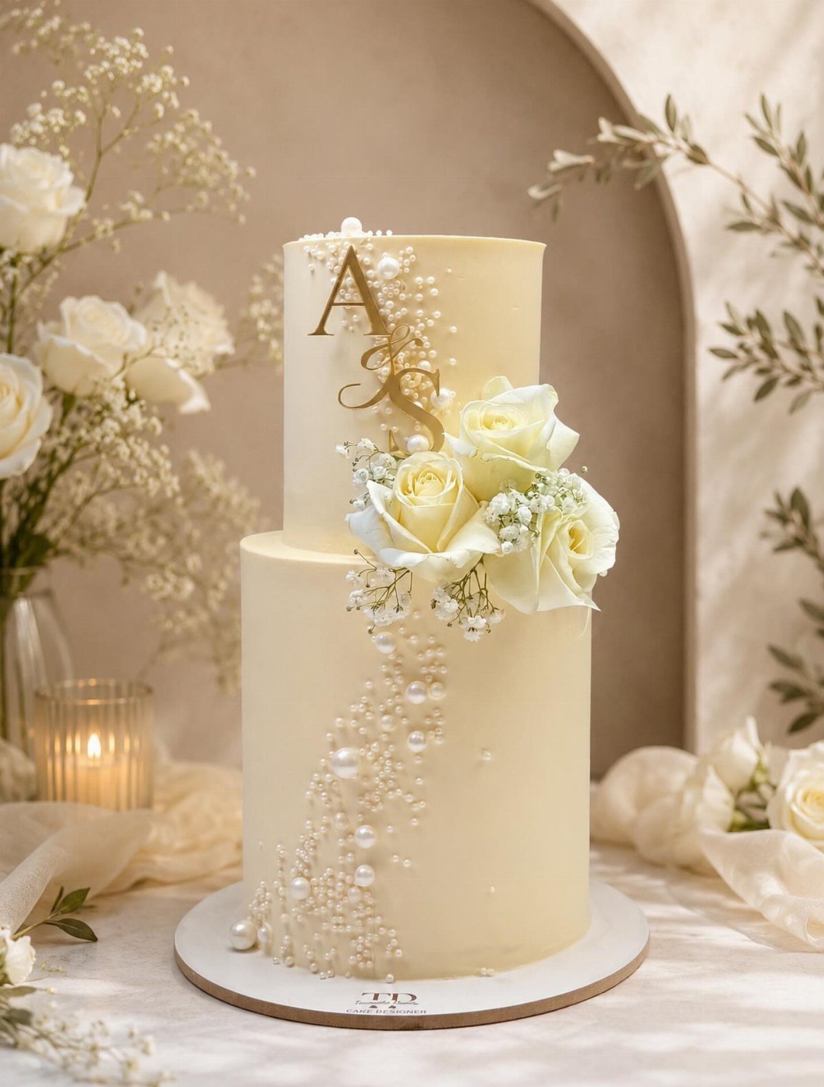 Two-tier white wedding cake with roses, baby's breath, and gold initials on top.