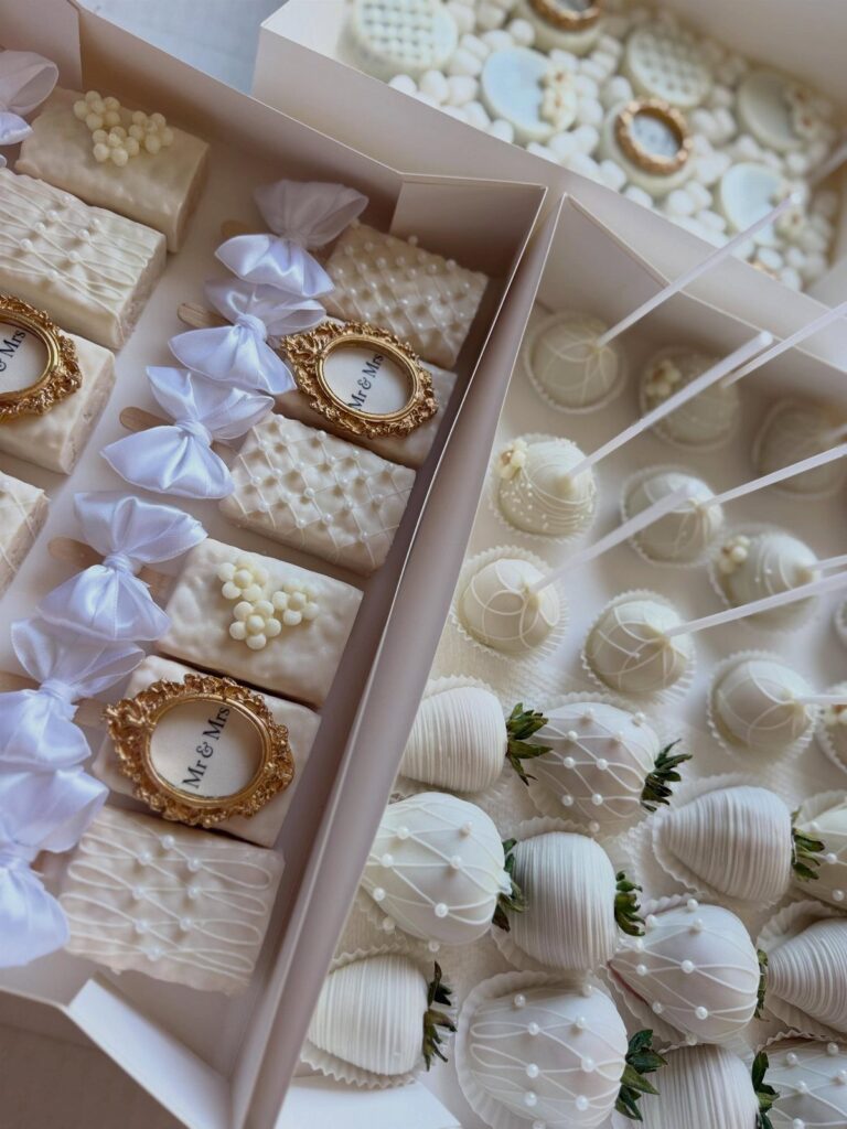 White wedding cake pops and chocolate strawberries in white dessert boxes.