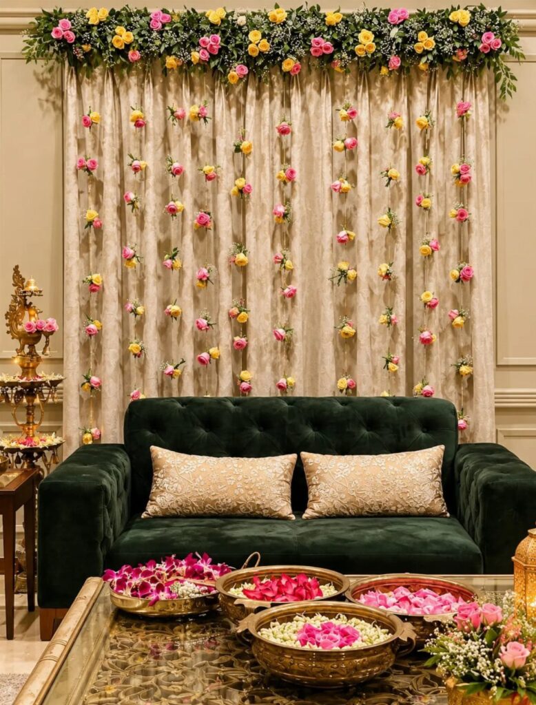 Green velvet sofa in front of a floral curtain backdrop with petal bowls.