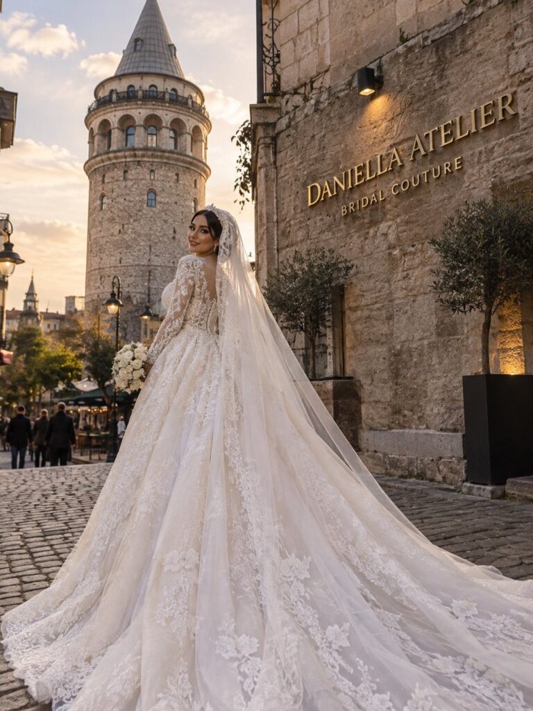 Bride in a lace wedding dress with a long train standing by a tower.