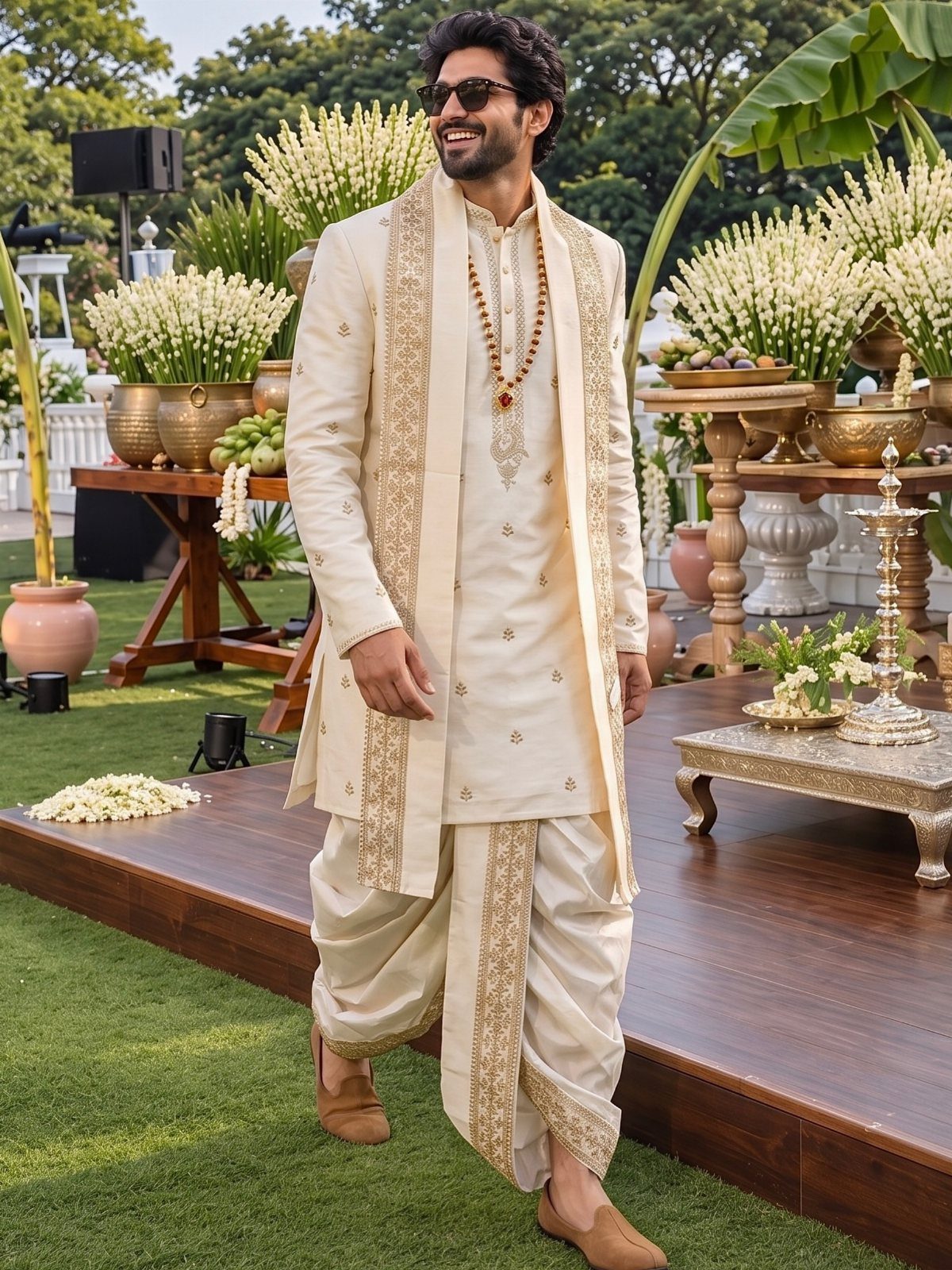 Man in traditional cream Indian wedding attire with gold jewelry standing outdoors.