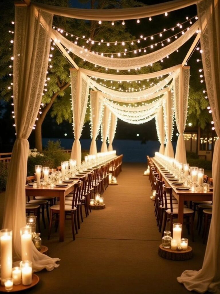 White draped pergolas with string lights over long wooden dining tables with candles.