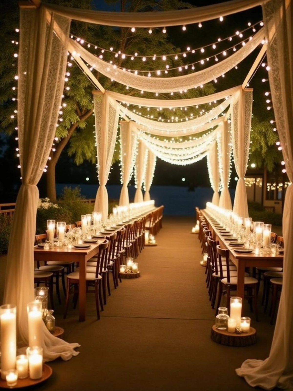 White draped pergolas with string lights over long wooden dining tables with candles.