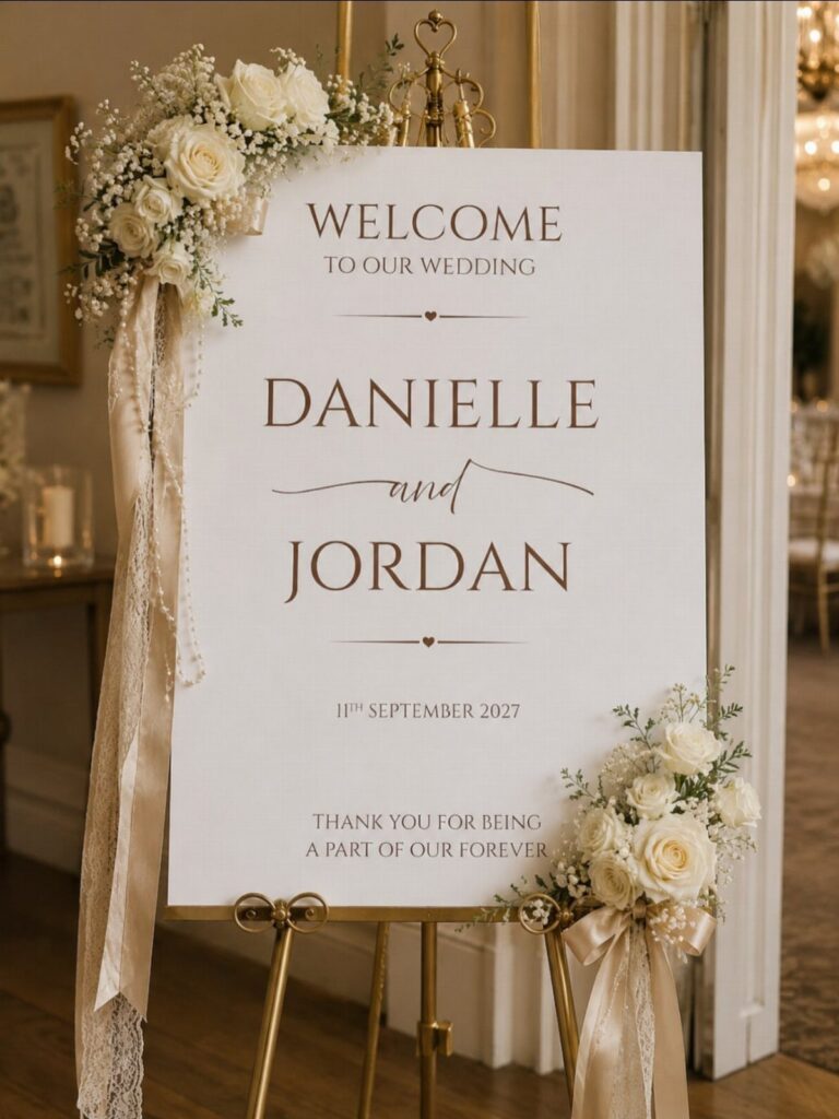 White wedding welcome sign on a gold easel decorated with white roses and ribbons.