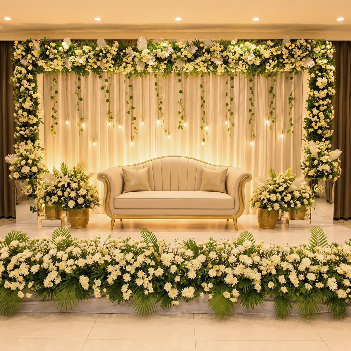 Wedding stage with a beige sofa, white floral arches, and draped curtains with lights.