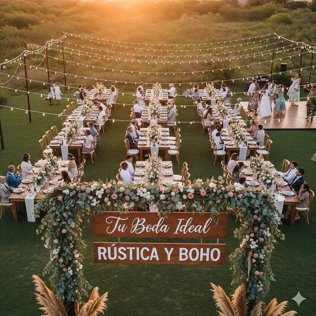 Outdoor rustic wedding reception with long tables, string lights, and a floral wooden sign.