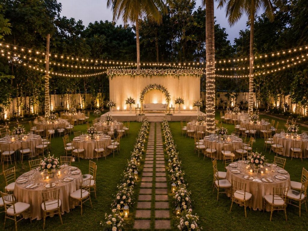 Outdoor wedding reception with round tables, floral aisle, and overhead string lights at dusk.