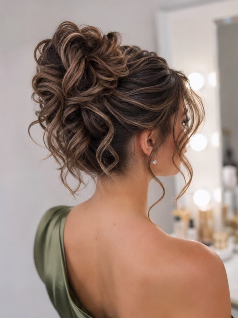 Woman with a voluminous curly brown updo hairstyle wearing a green satin dress.