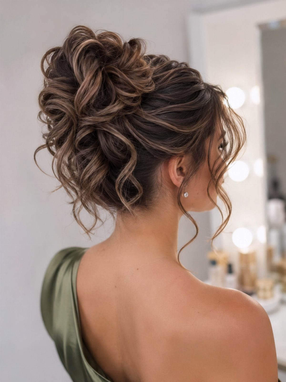 Woman with a voluminous curly brown updo hairstyle wearing a green satin dress.